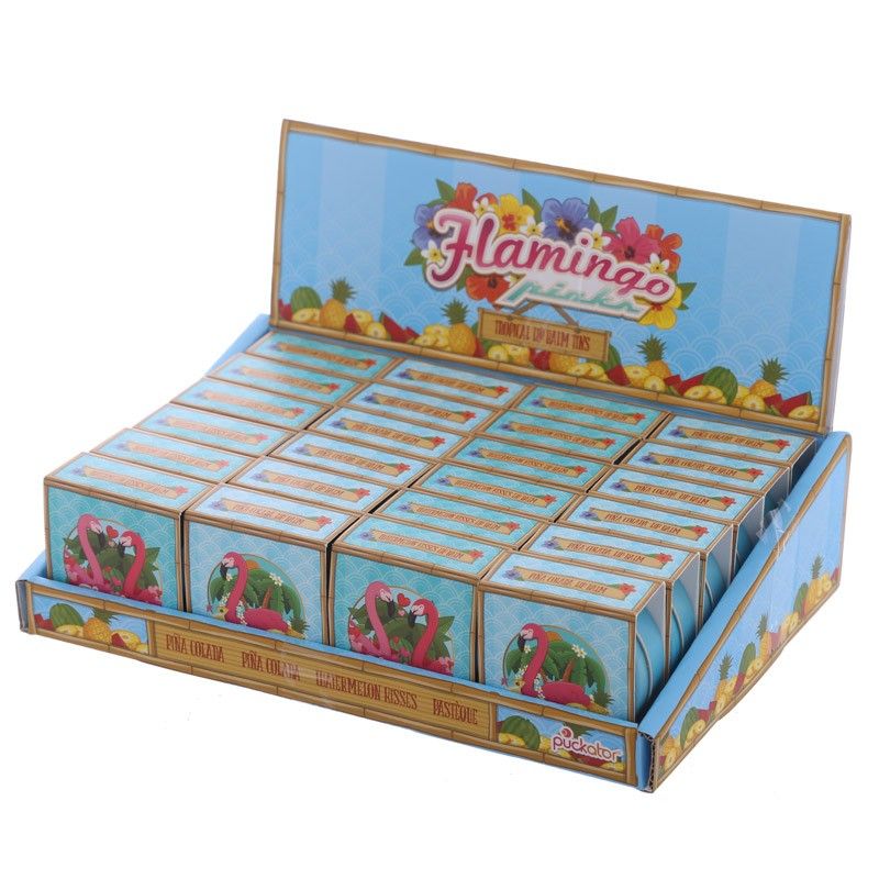 Box of 24 Fun Tropical Flamingo Lip Balm in a Tin