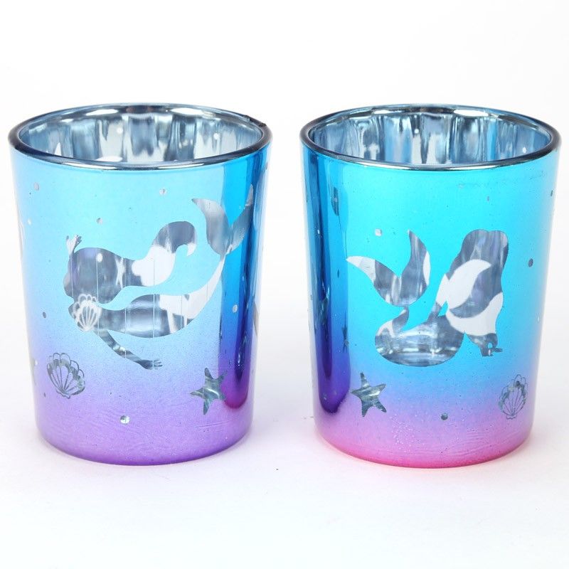 Mermaid Silhouette Set of 2 Glass Tea Light or Votive Holders