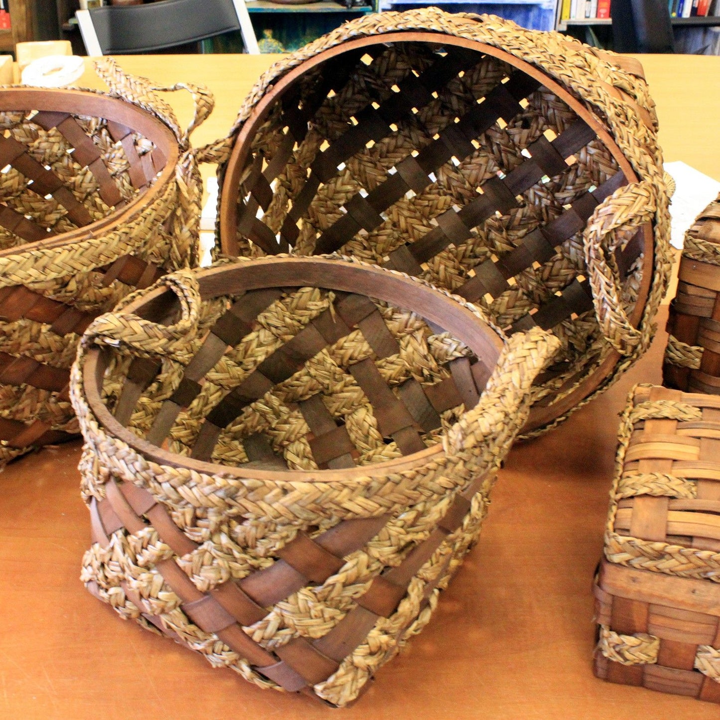 Big Set of 3 Display Baskets - Wood Grass - 47x25cm