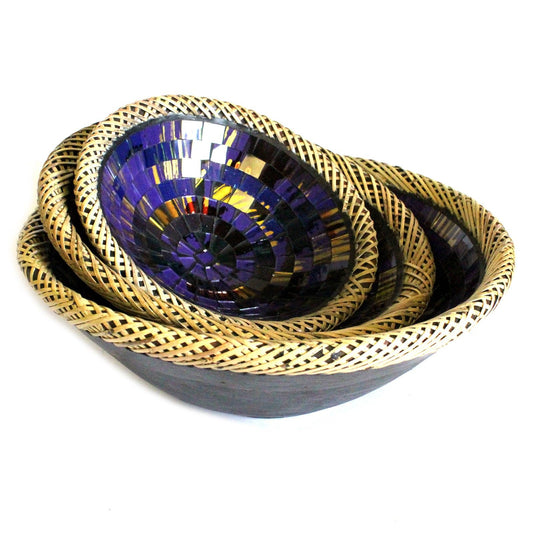 Set of Three Rattan Mosaic Bowls - Purple Glow