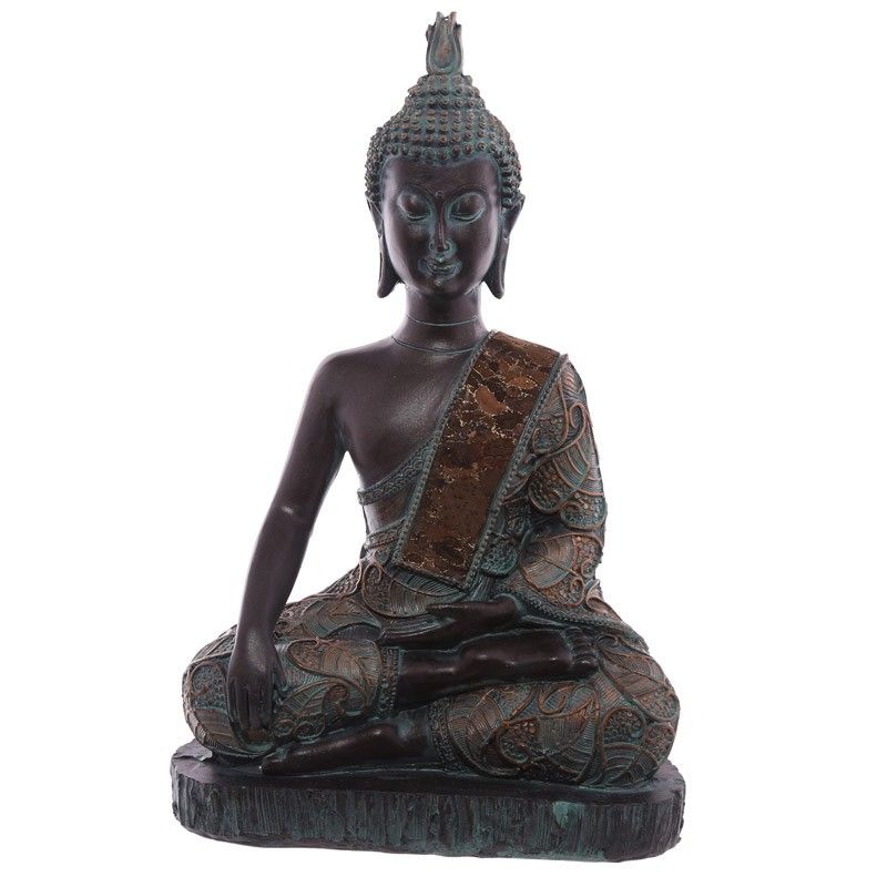 Thai Buddha Sitting On Base - Medium Brown & Verdigris Effect