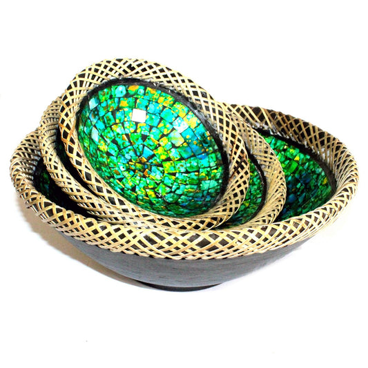 Set of Three Rattan Mosaic Bowls - Golden Green