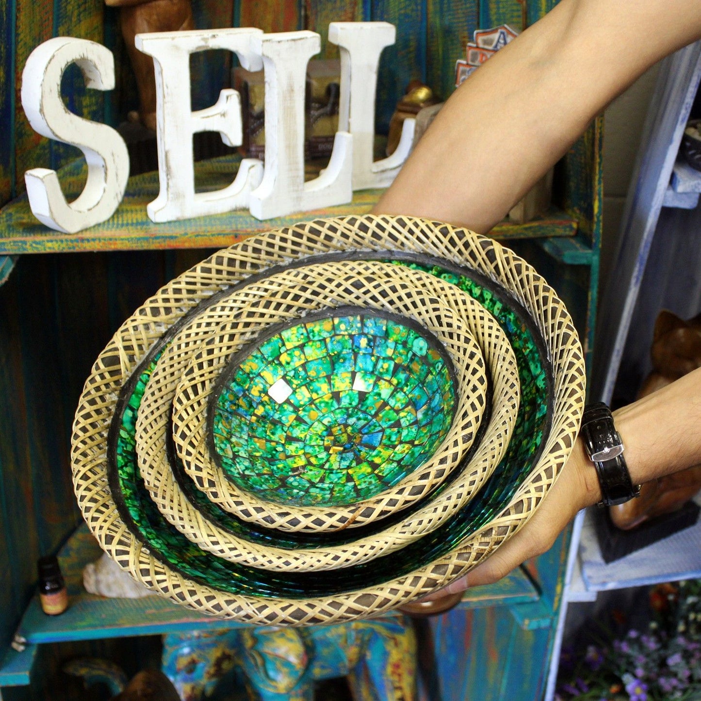 Set of Three Rattan Mosaic Bowls - Golden Green