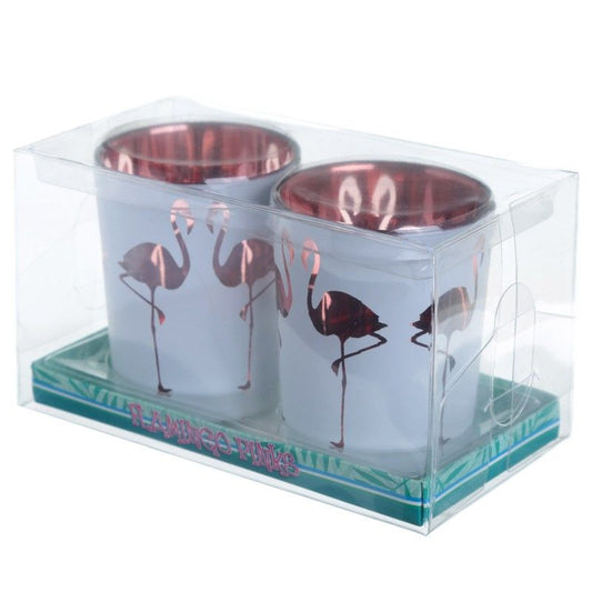 Flamingo Design Set of 2 Glass Tea Light or Votive Holders