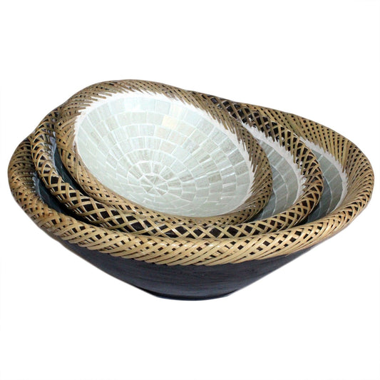 Set of Three Rattan Mosaic Bowls - White Marble
