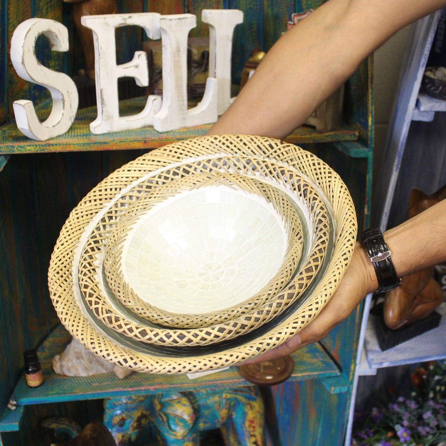Set of Three Rattan Mosaic Bowls - White Marble