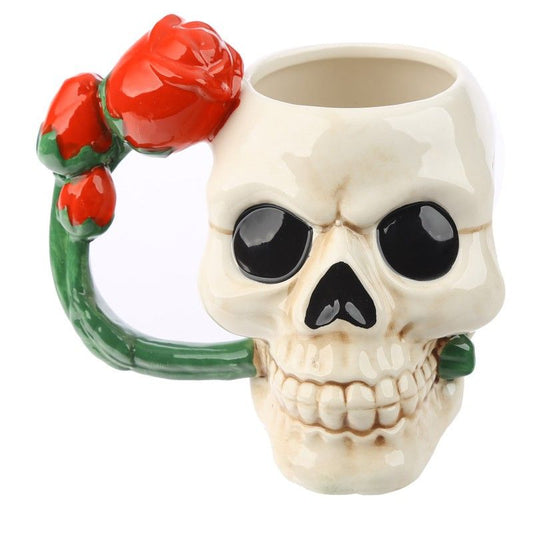 Ceramic Skull Shaped Mug with Red Rose