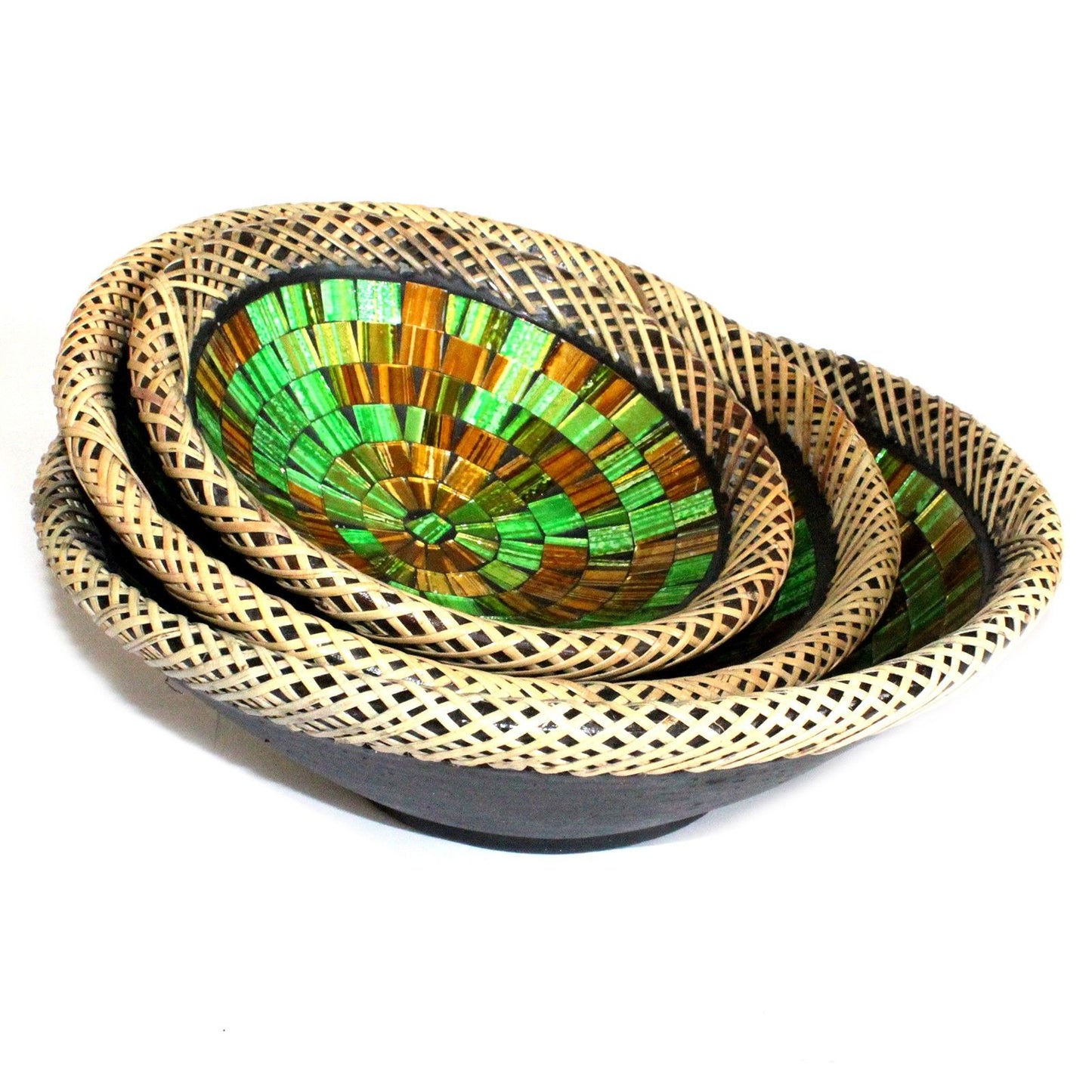 Set of Three Rattan Mosaic Bowls - Golden Moss