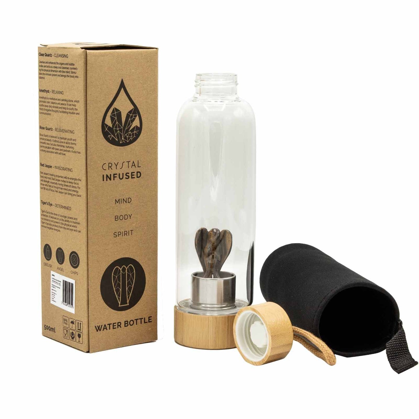 Crystal Infused Glass Water Bottle - Determined Tiger's Eye - Angel