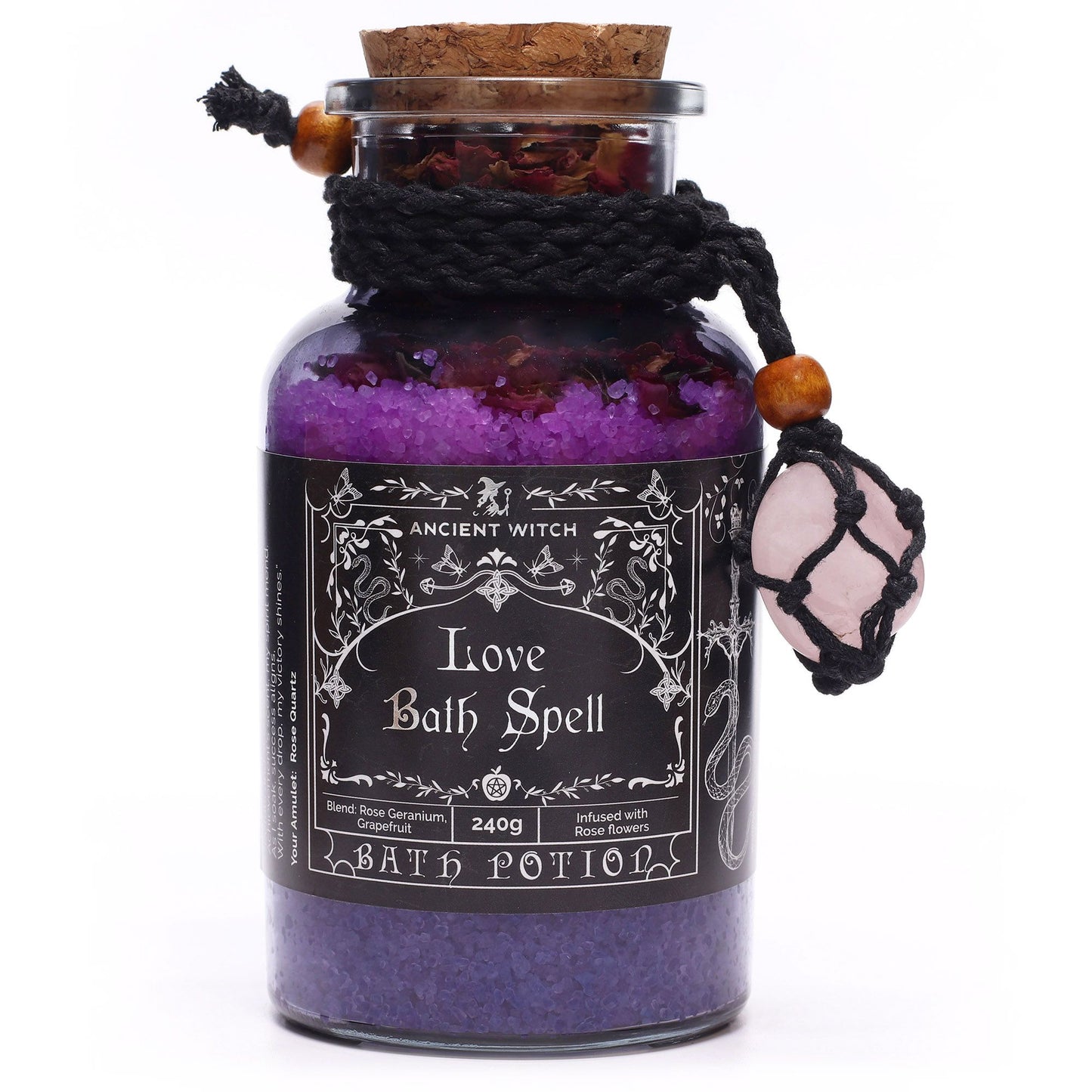 Ancient Witch Bath Spell Potion & Rose Quartz Crystal Amulet - Love