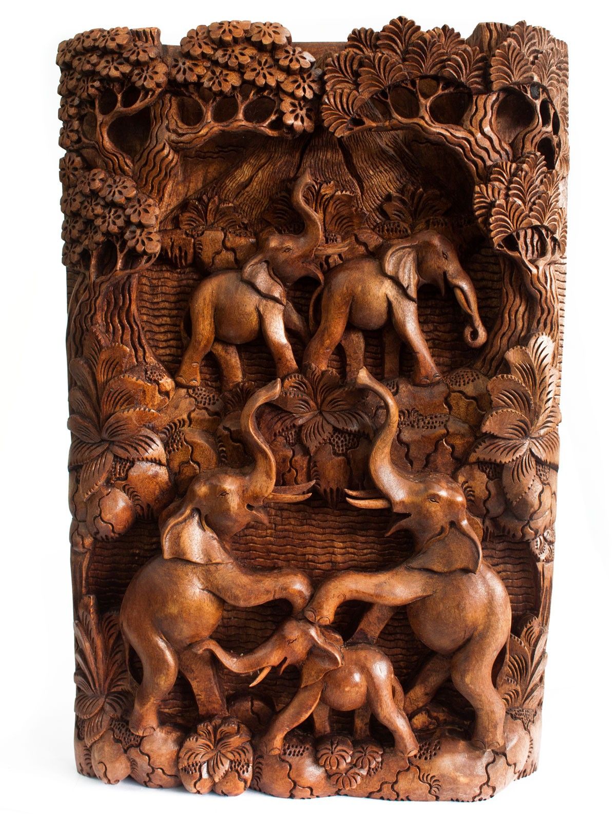 Bali Artisan Panels - Elephants & Volcano (Portrait)