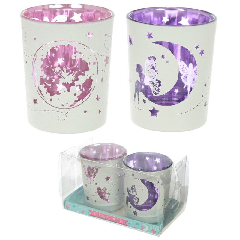 Set of 2 Fairy Moon Glass Tea Light/Votive Holders