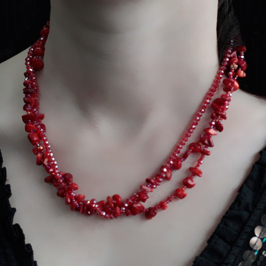 Chipstone & Bead Necklace - Red Coral