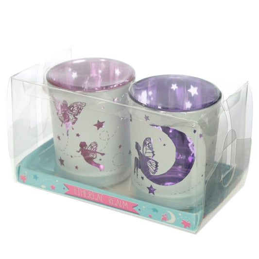 Set of 2 Fairy Moon Glass Tea Light/Votive Holders