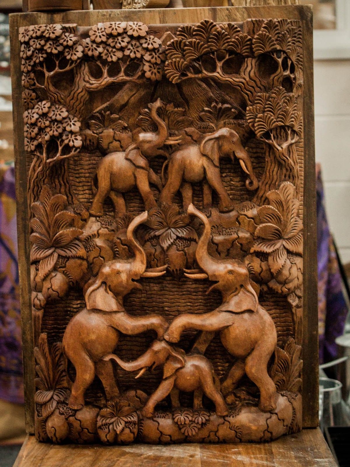 Bali Artisan Panels - Elephants & Volcano (Portrait)
