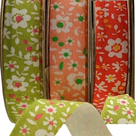 15mm Coloured Floral Cotton Ribbon (10m)- Green