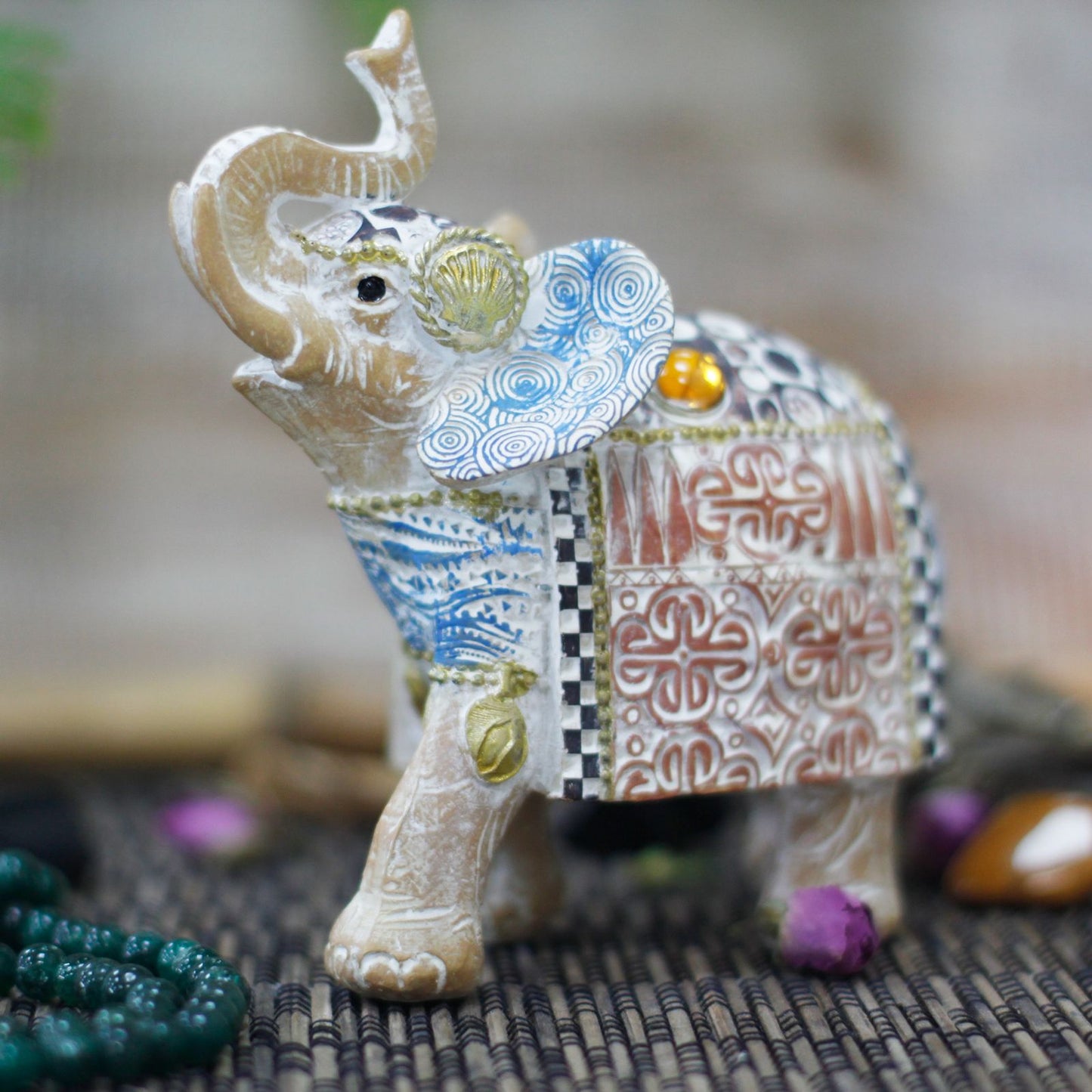 Thai Elephant - Good Luck - Terraccotta & Sky Blue 14 cm