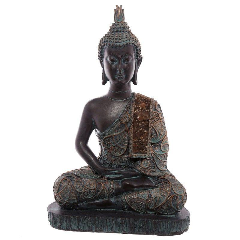 Thai Buddha Sitting On Base - Medium Brown & Verdigris Effect