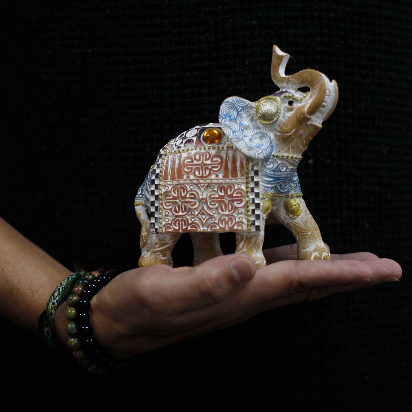 Thai Elephant - Good Luck - Terraccotta & Sky Blue 14 cm
