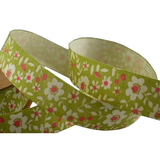15mm Coloured Floral Cotton Ribbon (10m)- Green