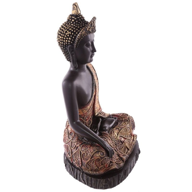 Thai Buddha Sitting On Base - Large Antique Gold & Red Effect
