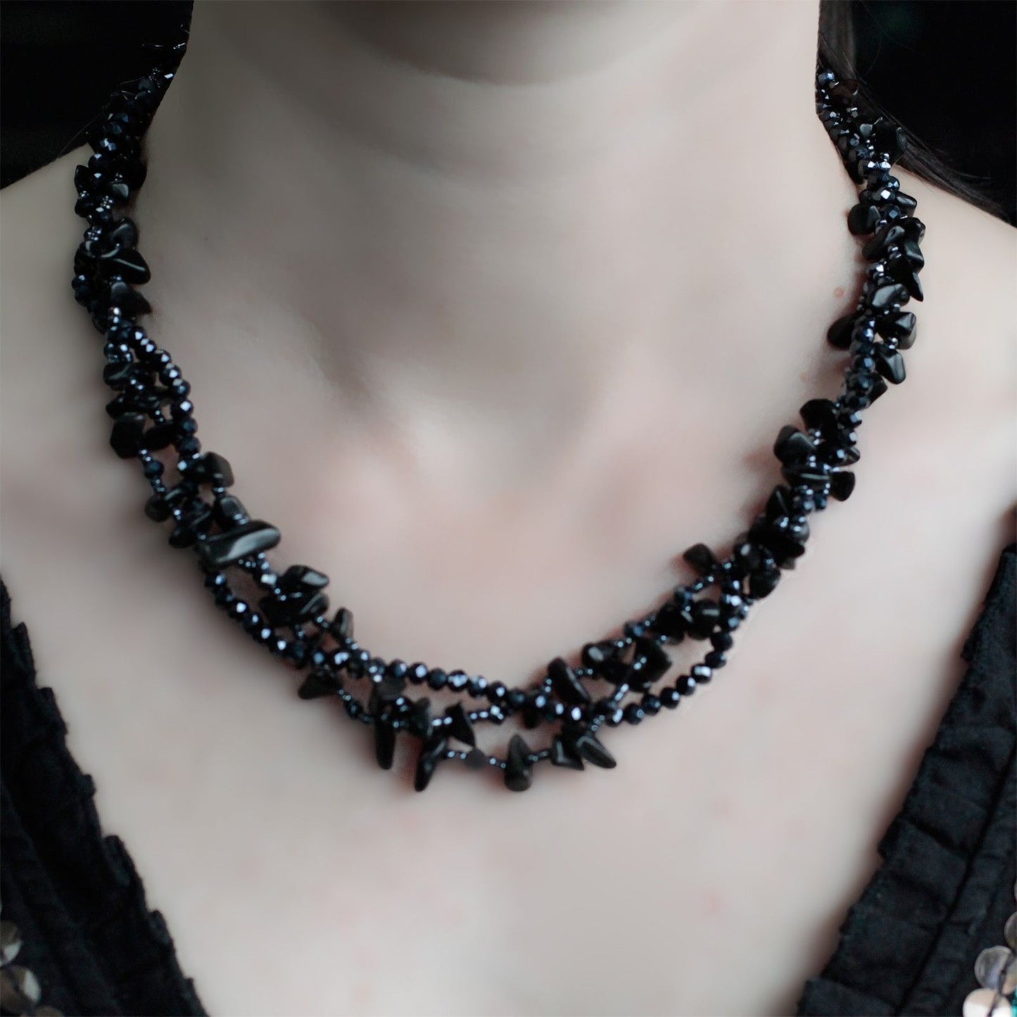 Chipstone & Bead Necklace - Black Agate