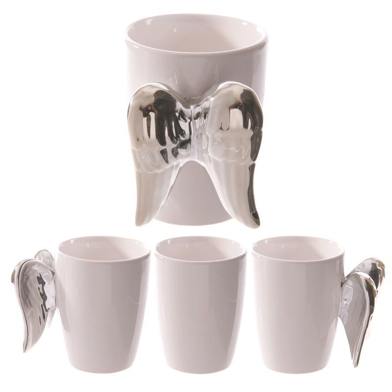 Ceramic White Angel Mug with Silver Wings Handle