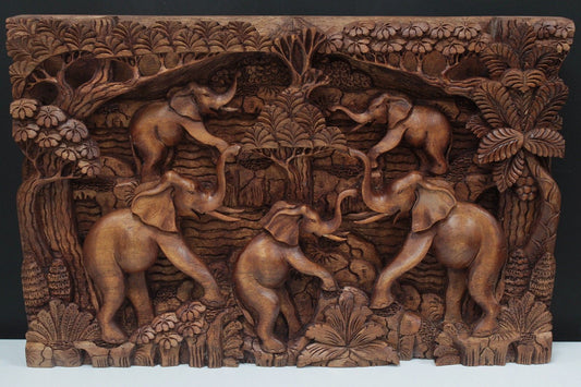 Bali Artisan Panels - Elephants & Volcano