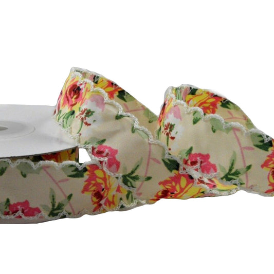 25mm Blue Flower Printed Zigged Edge Ribbon Design (10m)