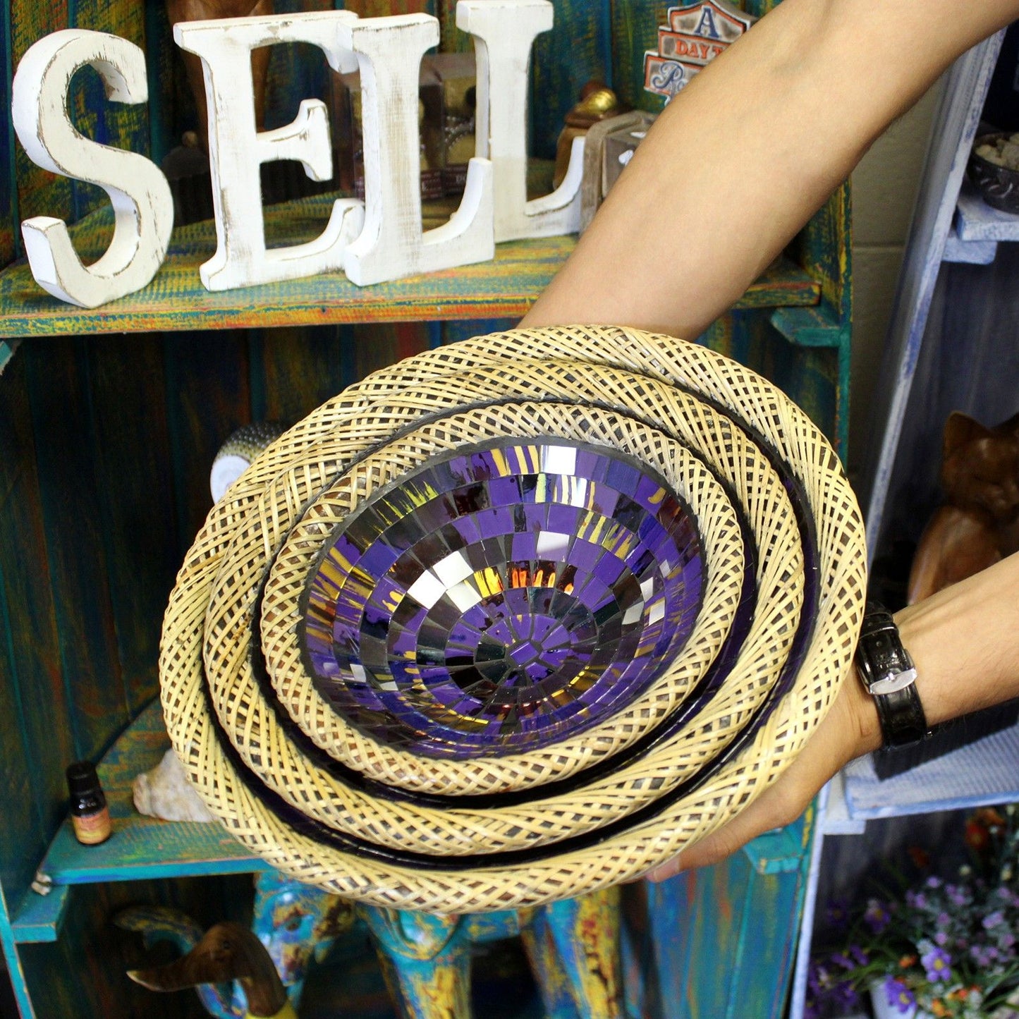 Set of Three Rattan Mosaic Bowls - Purple Glow