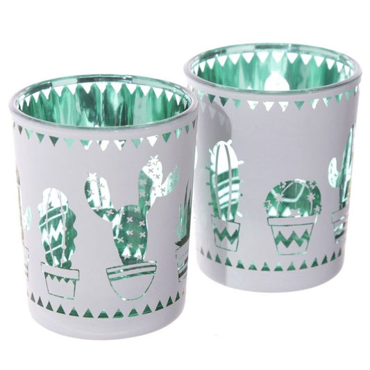 Cactus Design Set of 2 Glass Tea Light or Votive Holders