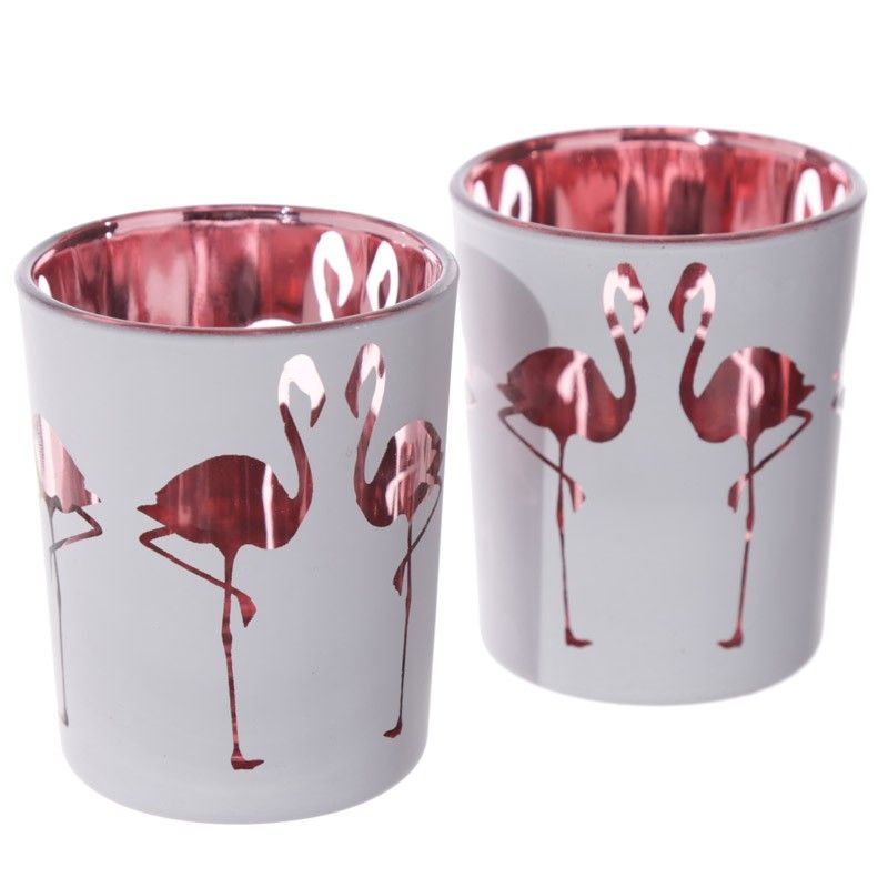 Flamingo Design Set of 2 Glass Tea Light or Votive Holders