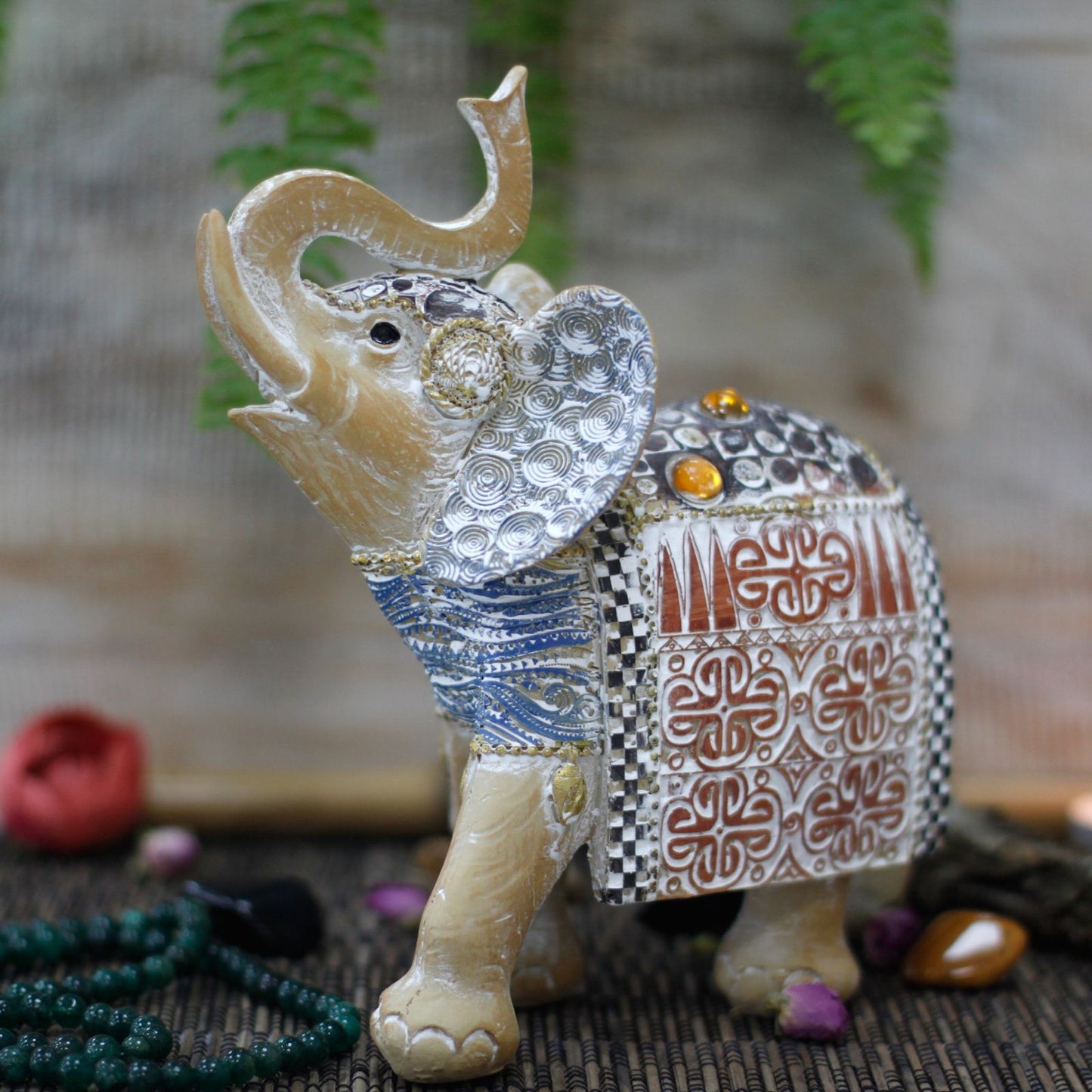 Thai Elephant - Good Luck - Terraccotta & Sky Blue 21 cm