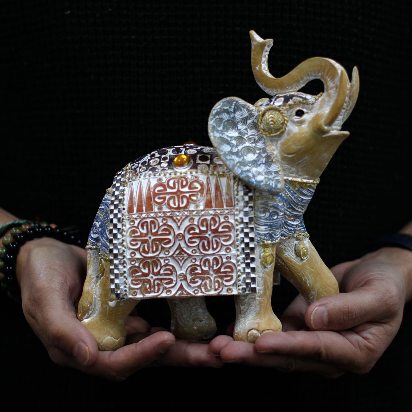 Thai Elephant - Good Luck - Terraccotta & Sky Blue 21 cm