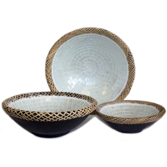 Set of Three Rattan Mosaic Bowls - White Marble