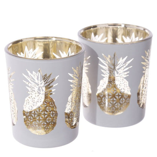 Pineapple Design Set of 2 Glass Tea Light or Votive Holders