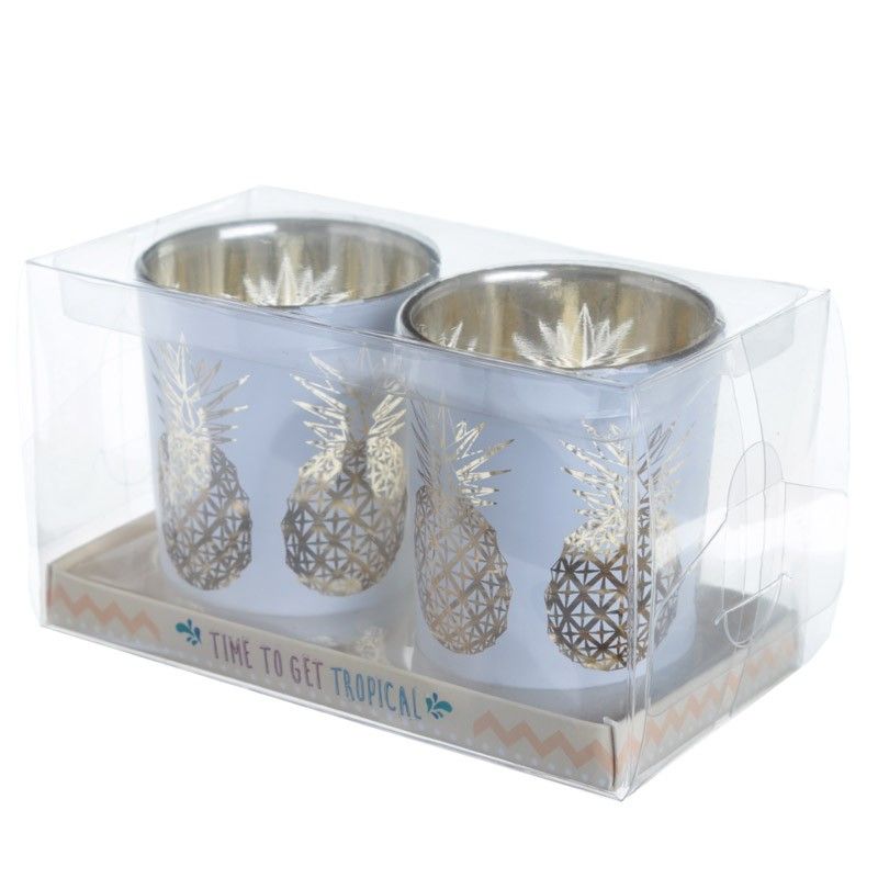 Pineapple Design Set of 2 Glass Tea Light or Votive Holders