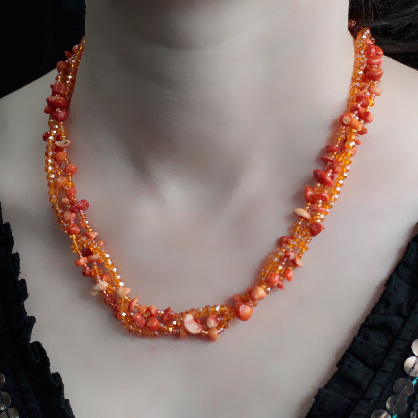 Chipstone & Bead Necklace - Orange Coral
