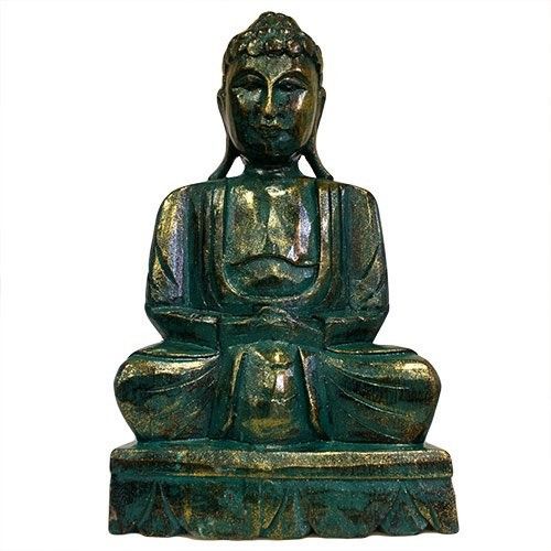 Carved Wooden - Green Gold Buddha Statue - 40cm