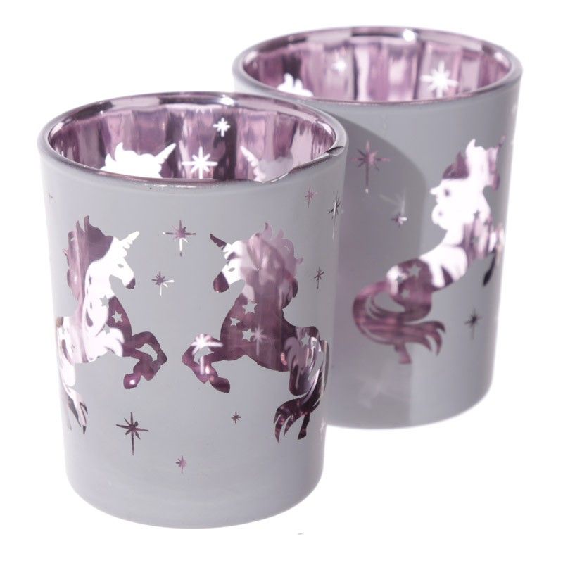 Unicorn Design Set of 2 Glass Tea Light or Votive Holders