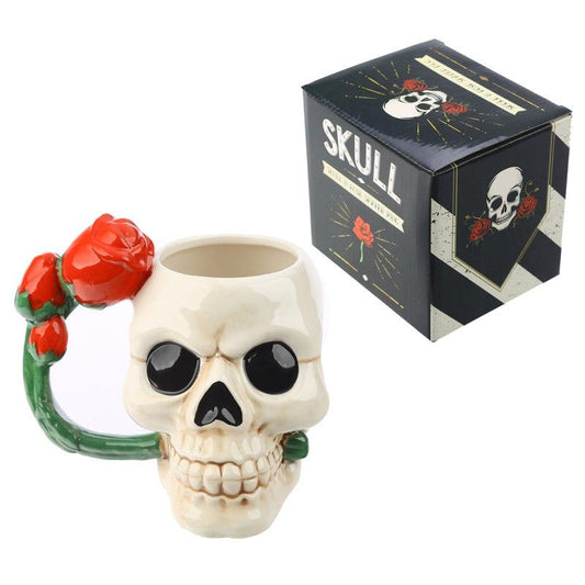 Ceramic Skull Shaped Mug with Red Rose