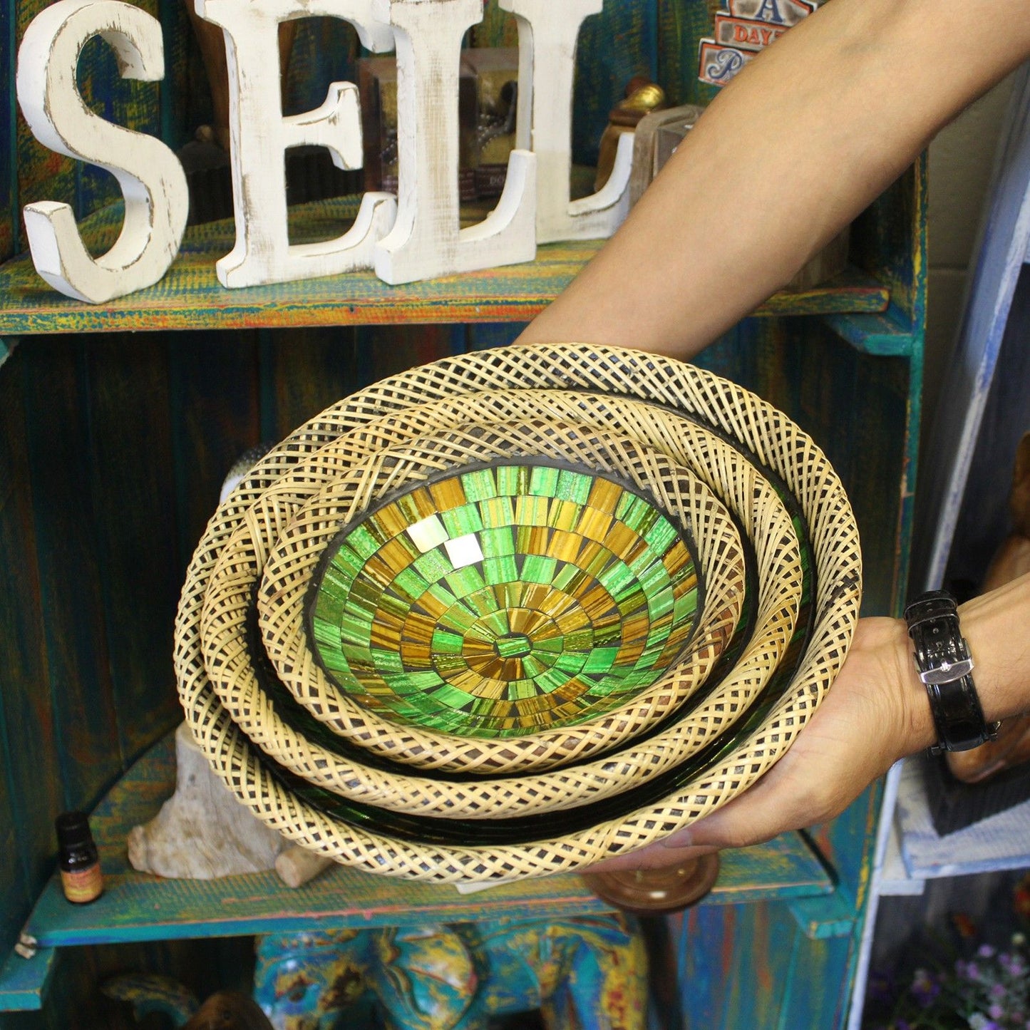 Set of Three Rattan Mosaic Bowls - Golden Moss