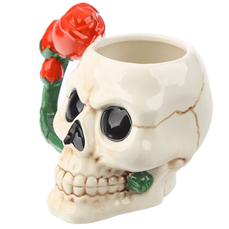 Ceramic Skull Shaped Mug with Red Rose