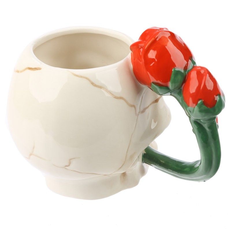 Ceramic Skull Shaped Mug with Red Rose
