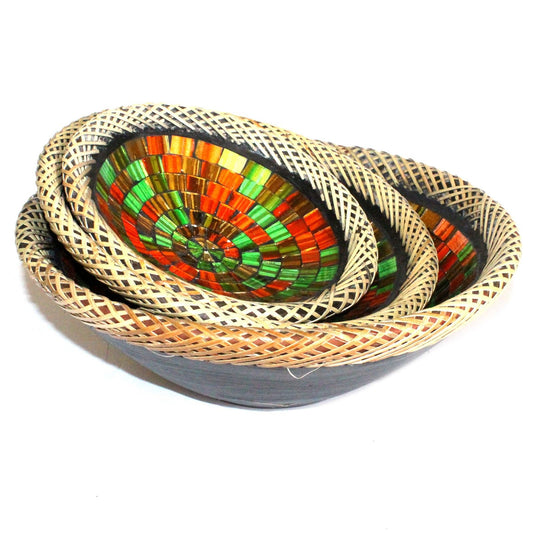 Set of Three Rattan Mosaic Bowls - Ruby Dusk