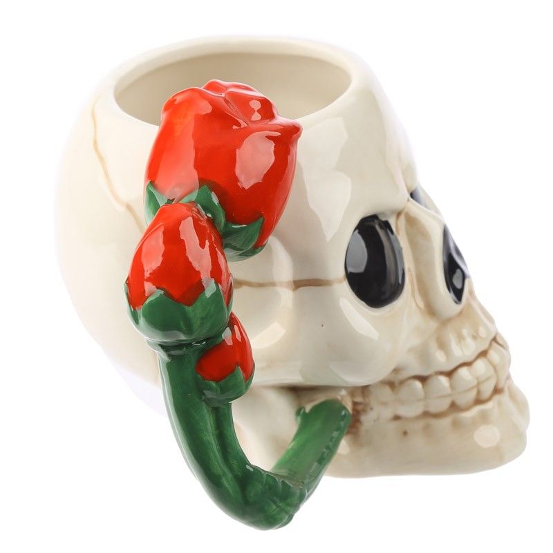 Ceramic Skull Shaped Mug with Red Rose