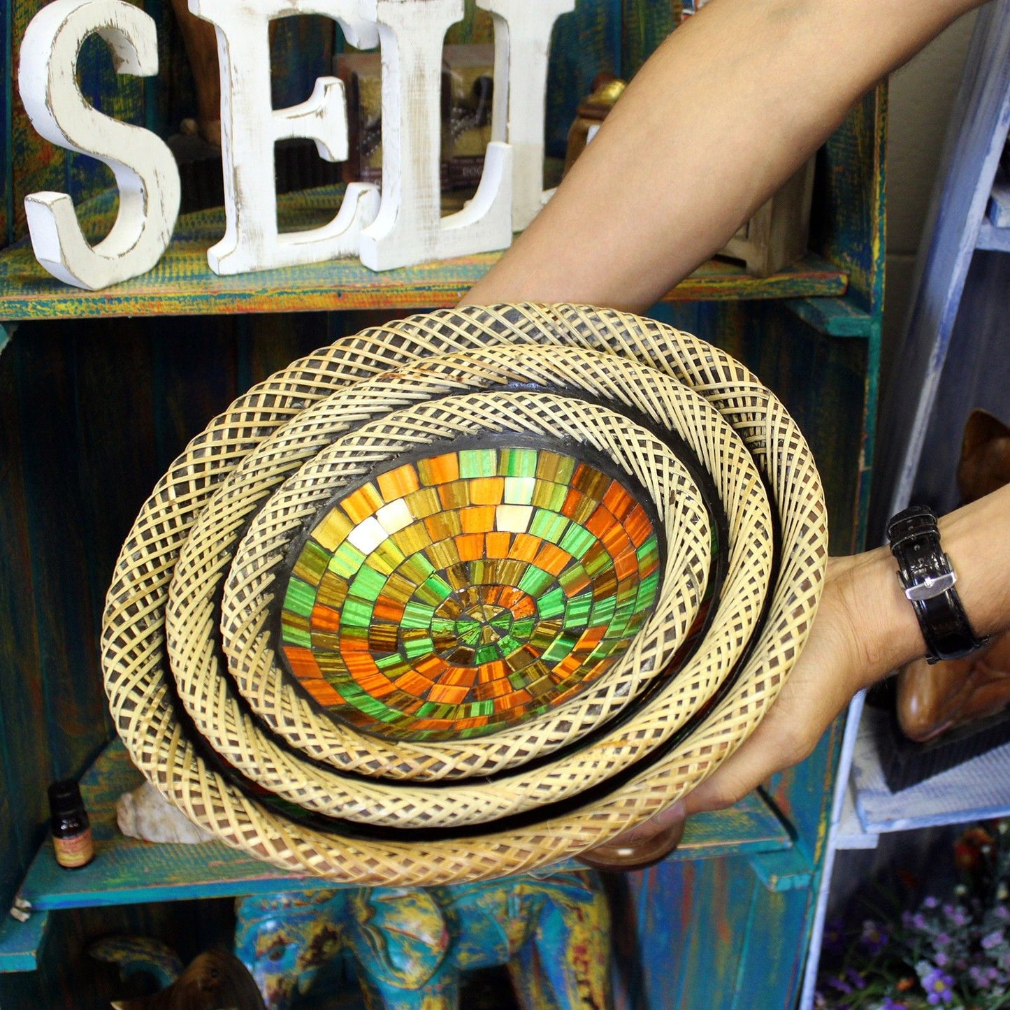 Set of Three Rattan Mosaic Bowls - Ruby Dusk