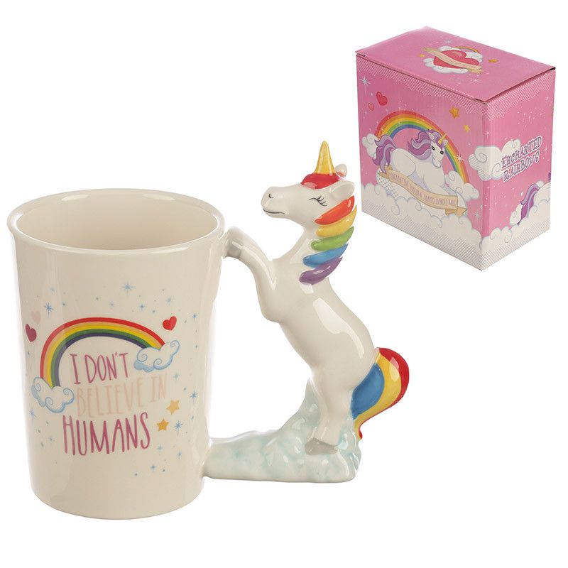 I Don't Believe in Humans Rainbow Unicorn Shaped Handle Mug