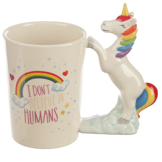 I Don't Believe in Humans Rainbow Unicorn Shaped Handle Mug