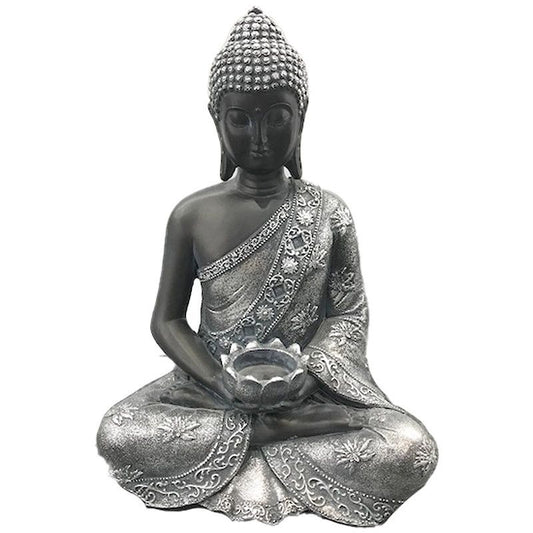 Thai Buddha Figurine Black & Silver - Calming Tea Light Holder